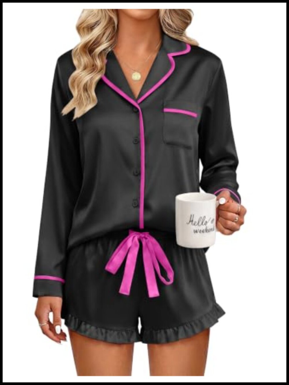 Satin Pajama Set Long Sleeve Top Ruffle Shorts 2 Piece Loungewear